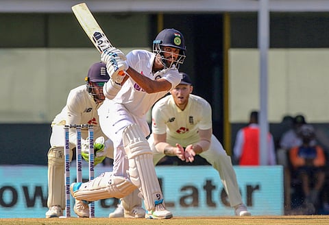 Washington Sundar plays a shot during the 4th day of first cricket test match between India and England. (Photo | PTI)