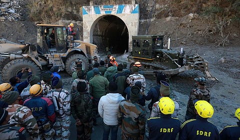 Rescue operations underway near Tapovan Tunnel on Monday. (Photo | Shekhar Yadav, EPS)