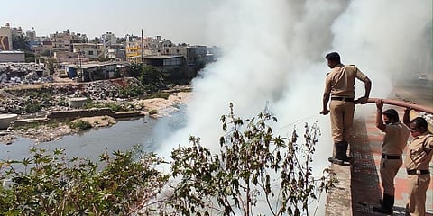 As the news of the fire spread, the fire and emergency department officials rushed to the spot. (Photo | EPS)