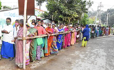 Voters queue up for Andhra Panchayat elections on Tuesday (Photo | Express)
