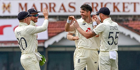 England's James Anderson celebrates the wicket of Ajinkya Rahane during Day 5 of the 1st Test match vs India in Chennai. (Photo| Twitter)