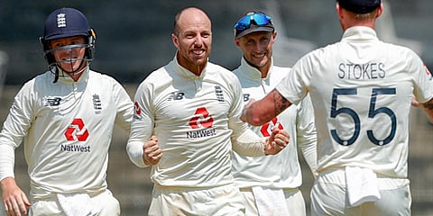 England's bowler Jack Leach celebrates the dismissal of India's Ravichandran Ashwin during the 5th day of the 1st Test match. (Photo| Twitter/ @ECB)
