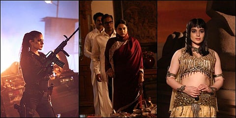 Kangana Ranaut in a still from her upcoming films 'Dhaakad' and 'Thalaivi' (Photos | Kangana Ranaut, Twitter)