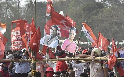 Congress Supporters holding cutouts of their party leaders take part in the Left-Congress and Indian Secular Front ISF joint rally ahead of West Bengal assembly polls. (Photo | PTI)