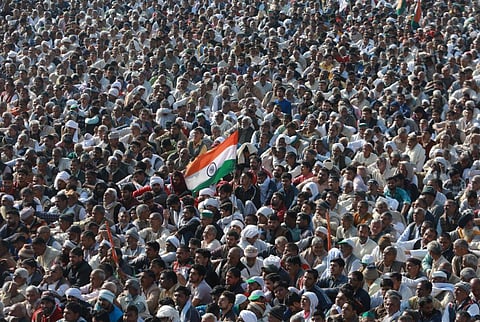 Farmers during the Kishan Mahapanchayat against the new Farm Laws at Shamli in Uttar Pradesh. (Photo | Shekhar Yadav, EPS)