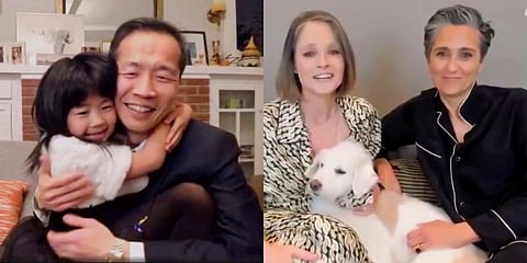 The Golden Globes 2021 awards season may have been partly virtual but it had some wow moments and the stars compensated for the lack of glitz and gala. Be it Sacha BAron Cohen's dig at Trump or the heartwarming moment between Lee Isaac Chung and his daughter, it had it all. Above all, Jodie Foster accompanied by her dog is sure to give some goals for many.  'The Crown', 'Nomadland', 'Borat' won big this season which was topped off by 'Schitt's Creek'. Here's the full list of winners. (Photos | AP)