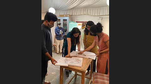 MD of Karnataka State Handicrafts Development Corporation D Roopa interacts with NGO volunteers and artisans at Anegundi during her visit last week. (Photo | Express)