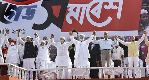 CPI(M) leaders Biman Bose, Sitaram Yechury, CPI chief D Raja, Chhattisgarh CM Bhupesh Baghel, Congress leader Adhir Ranjan Chowdhury during the Brigade rally. (Photo | PTI)