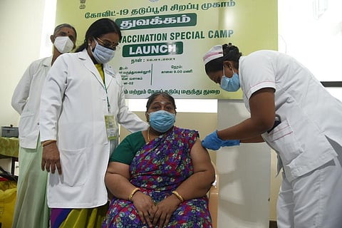 Senior citizens getting their first vaccination for Covid-19, in Chennai on Monday. (Photo | EPS / R.Satish Babu)