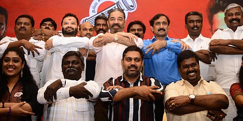 MNM party founder Kamal Hassan poses with candidates for the assembly election 2021 at a hotel in Chennai. (Photo | EPS/DEBADATTA MALLICK)