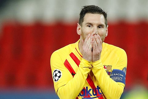 Barcelona's Lionel Messi reacts after a missed a penalty shot during the Champions League, round of 16, second leg soccer match. (Photo | AP)