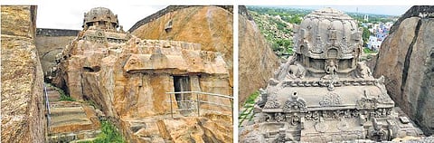 (L) Vettuvan Koil, a Pandya monolithic masterpiece in Kazhugumalai, Tamil Nadu; the temple’s vimana that has exquisite sculptures