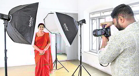 KC(M) candidate for Piravom constituency Dr Sindhumol Jacob posing for a photograph at the party headquarters in Kottayam on Thursday | Vishnu Prathap