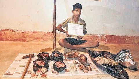 Poacher Antara Singh with porcupine meat