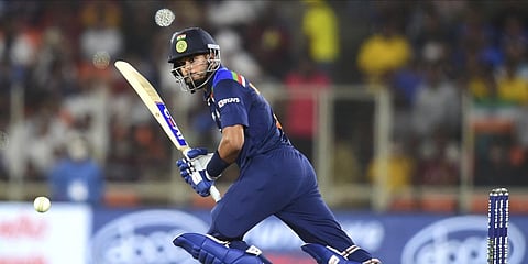 Indian batsman Shreyas Iyer plays a shot during the first T20 cricket match between India and England, at Narendra Modi Stadium in Ahmedabad, Friday, March 12, 2021. (Photo | PTI)