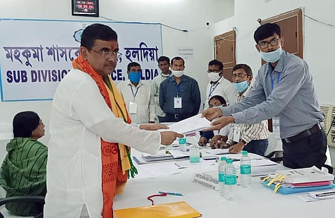 BJP leader Suvendu Adhikari files his nomination for the Nandigram constituency ahead of the assembly elections in the state. (Photo | ANI)