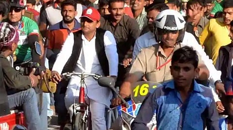 File photo of Akhilesh Yadav riding a bicycle (PTI)