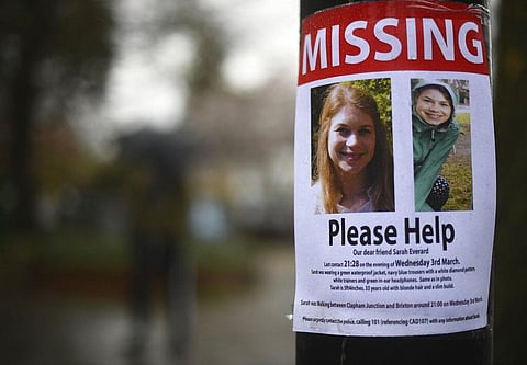 A missing sign outside Poynders Court on the A205 in Clapham, London Wednesday March 10, 2021 during the continuing search for Sarah Everard. (Photo | AP)