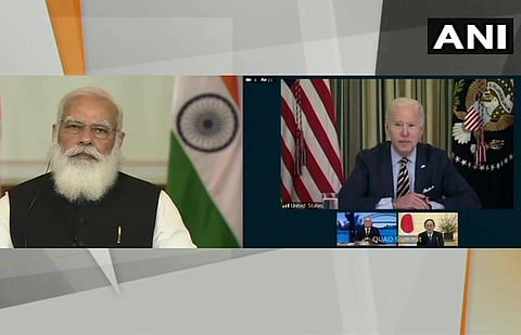 the Quad leaders -- Prime Minister Narendra Modi(L), US President Joe Biden (R top), Australian PM Scott Morrison and Japanese PM Yoshihide Suga (R-bottom). (Photo | ANI Twitter)
