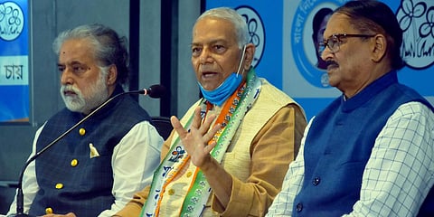 Former BJP leader and Union Minister Yashwant Sinha addresses as he joins TMC in Kolkata. (File photo| ANI)