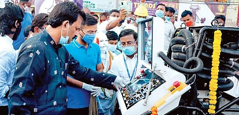 School and Mass Education Minister Samir Ranjan Dash and Collector Samarth Verma inspecting ‘Bandicoot’ in Puri on Saturday. (Photo | EPS)