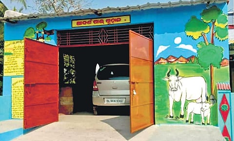 A car parked inside a cowshed constructed in Jakar panchayat. (Photo | EPS)