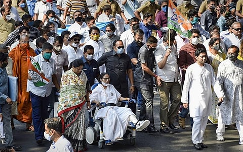 West Bengal Chief Minister Mamata Banerjee along with TMC leaders and supporters during a rally on 'Nandigram Diwas', in Kolkata. (Photo | PTI)