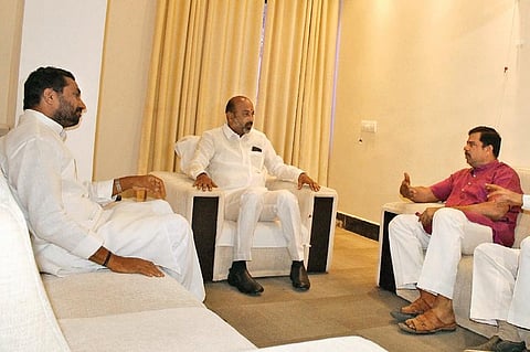 BJP State chief Bandi Sanjay Kumar at a meeting with party leaders, in Hyderabad on Saturday | Vani Buddhavarapu