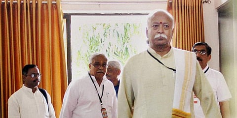 RSS Chief Mohan Bhagwat and other leaders at the inaugural session of Akhil Bharatiya Pratinidhi Sabha (ABPS) in Nagpur. (File Photo | PTI)