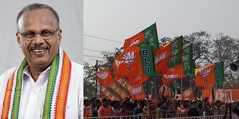 Ex-Congress legislator MA Vaheed (L) and BJP flags (File photo| PTI)