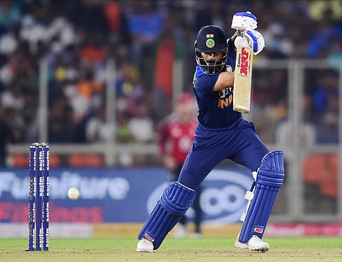 Virat Kohli plays a shot during second T20 cricket match between India and England at Narendra Modi Stadium in Ahmedabad. (Photo | PTI)