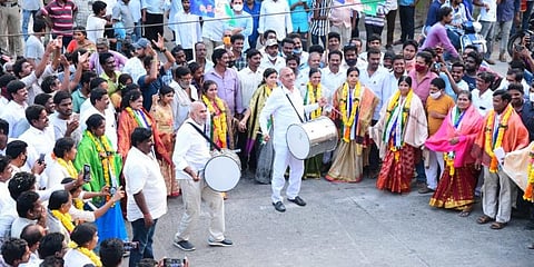 YSRC minister Ch Venugopal Krishna celebrates after the election results at Ramachandrapuram in East Godavari district. (Photo | EPS)
