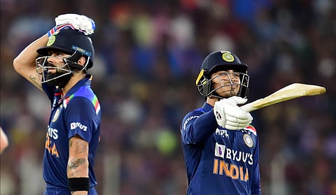 I Kishan returns to the pavillion after being dismissed as Virat Kohli L looks on during second T20 cricket match. (Photo | PTI)