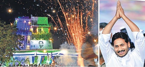 YSRC activists celebrate their landslide victory in municipal elections at the party central office in Tadepalli on Sunday | Prasant Madugula