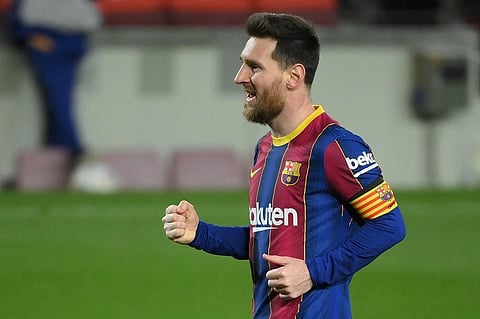 Barcelona's Argentinian forward Lionel Messi celebrates after scoring his team's fourth goal during the Spanish League football match. (Photo | AP)