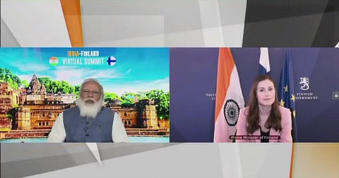 PM Narendra Modi with Finnish counterpart Sanna Marin during the India-Finland Virtual Summit (Photo | Twitter Screengrab)