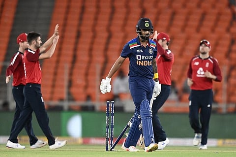 KL Rahul (C) walks back to the pavilion after his dismissal during the third Twenty20 international cricket match between India and England. (Photo | AFP)
