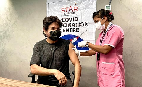 Nagarjuna taking the COVID jab at a hospital in Hyderabad. (Photo | Twitter)
