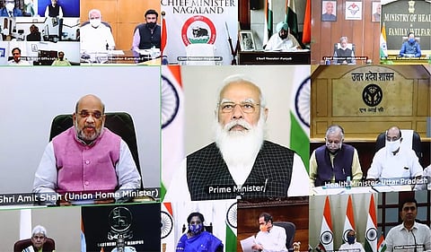 Prime Minister Narendra Modi during a meeting with chief ministers all states and Union territories over the spike in COVID-19 cases, via video conferencing, in New Delhi, Wednesday. (Photo | PTI)
