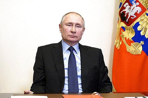 Russian President Vladimir Putin chairs a Security Council meeting via video conference at the Novo-Ogaryovo residence outside Moscow, Russia. (Photo | AP)