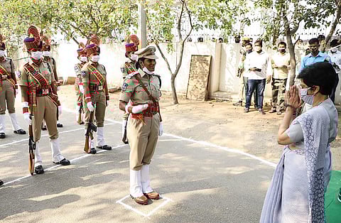 An all-women component led by an AR Sub Inspector presents the ceremonial guard of honour to Chief Justice Hima Kohli on Wednesday. (Photo | Express)