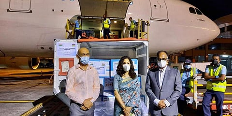Officials of the Indian High Commission in Mauritius receive 200,000 doses of vaccine. (Photo| Twitter/ @HCI_PortLouis)