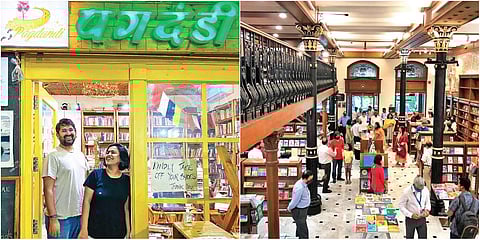 Pagdandi owners Neha and Vishal Pipariya (L) and a view of Kitab Khana. (Photo| Special Arrangement)