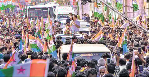 Congress leader Rahul Gandhi on the election campaign trail at Church Road in Nagercoil on Monday | Express