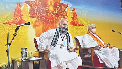 RSS chief Mohan Bhagwat and General Secretary Suresh Bhjaiyyaji Joshi at Akhil Bharatiya Pratinidhi Sabha in Bengaluru | Vinod Kumar T
