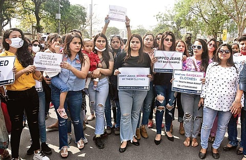 Delhi Pradesh Mahila Congress members take part in a protest against Uttarakhand CM remarks over ripped jeans | Parveen Negi