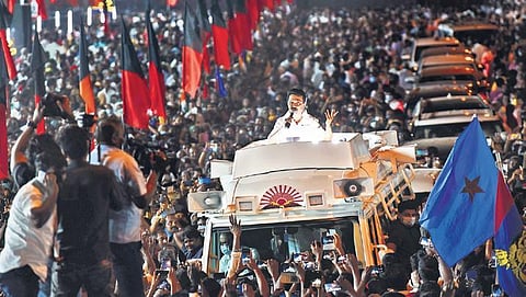 DMK leader MK Stalin campaigning for Coimbatore district DMK candidates at Eachanari on Friday evening | A RAJA CHIDAMBARAM