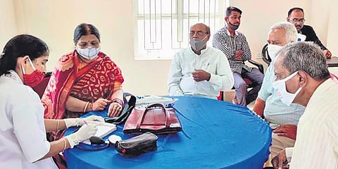 Elderly citizens undergoing health checkup at the centre in Bhubaneswar. (Photo | EPS)