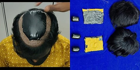Customs department official inspecting a passenger's wig (L); seized gold and cash at Chennai Airport. (Photo | Express)