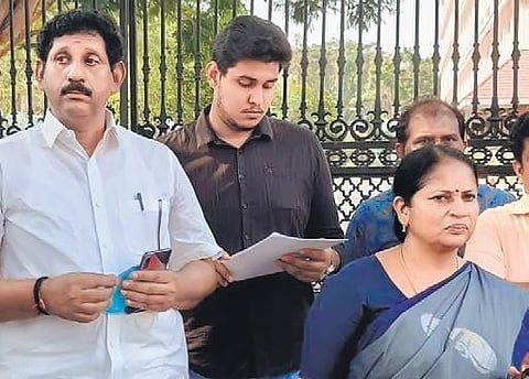 BJP candidates N Haridasan and Nivedida Subrahmanian leaving the High Court after the hearing on their petitions in Kochi on Sunday | express